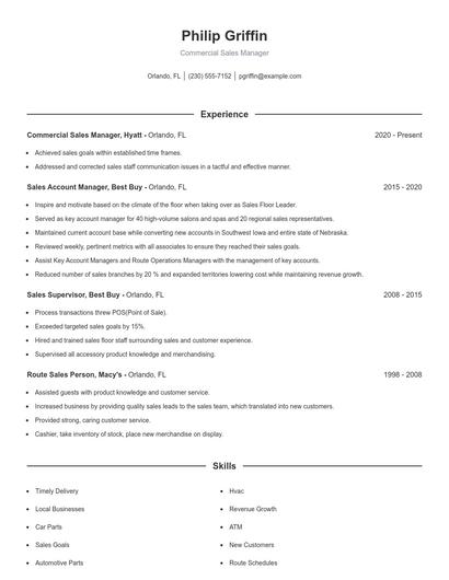 Commercial Sales Manager Resume