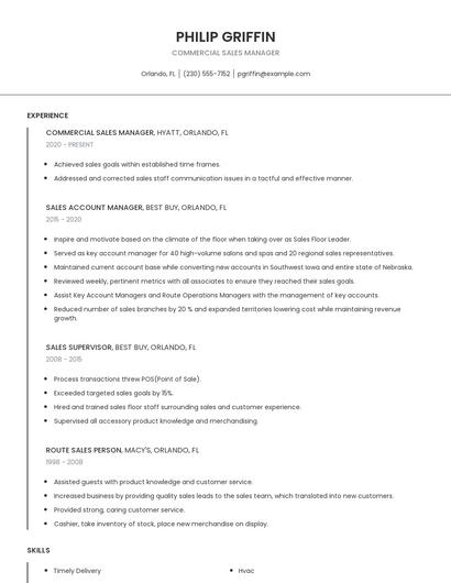 Commercial Sales Manager Resume