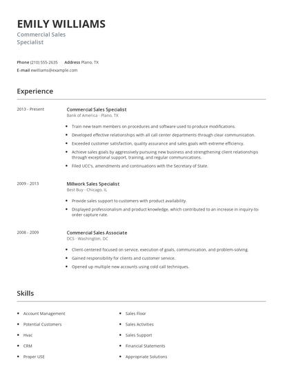 Commercial Sales Specialist Resume