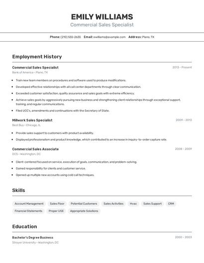 Commercial Sales Specialist Resume