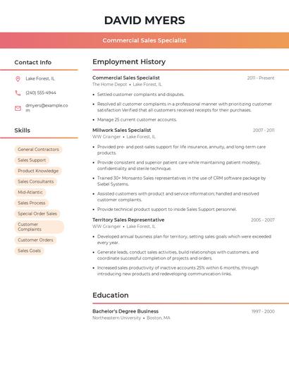 Commercial Sales Specialist Resume