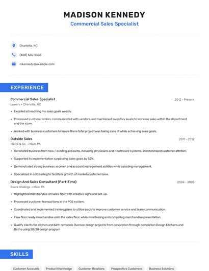 Commercial Sales Specialist Resume