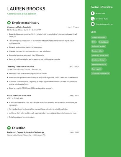 Commercial Sales Specialist Resume