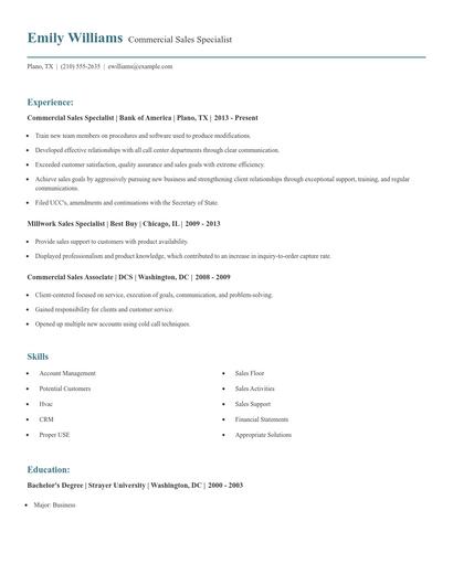 Commercial Sales Specialist Resume