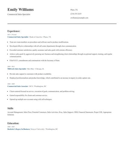 Commercial Sales Specialist Resume