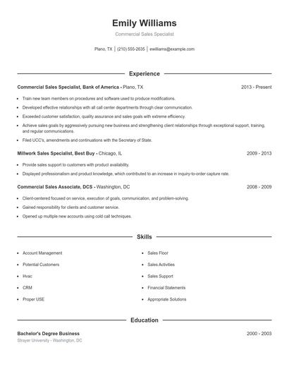 Commercial Sales Specialist Resume