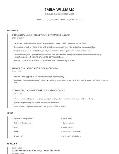Commercial Sales Specialist Resume