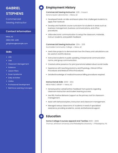 Commercial Sewing Instructor Resume