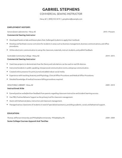 Commercial Sewing Instructor Resume