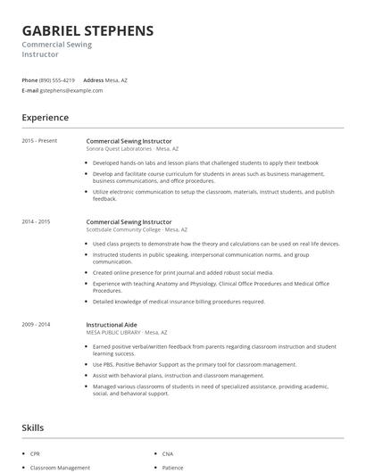 Commercial Sewing Instructor Resume