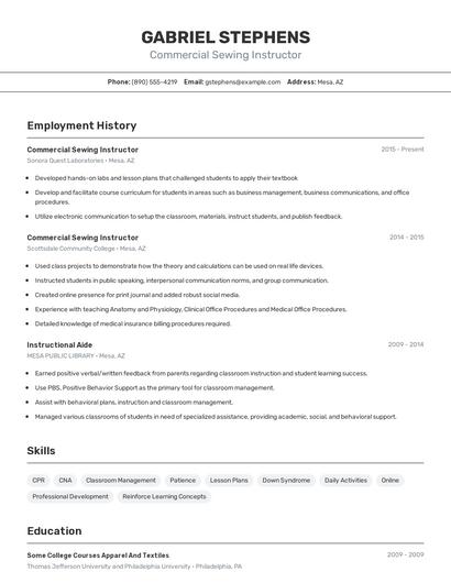 Commercial Sewing Instructor Resume
