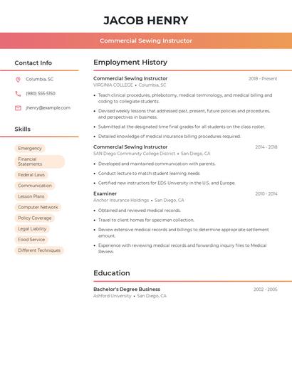 Commercial Sewing Instructor Resume