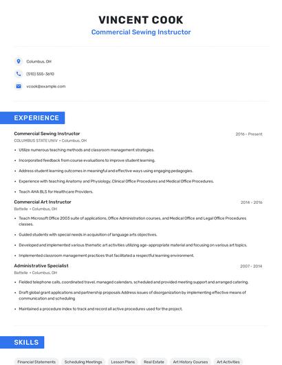 Commercial Sewing Instructor Resume