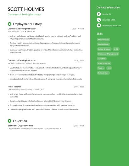 Commercial Sewing Instructor Resume