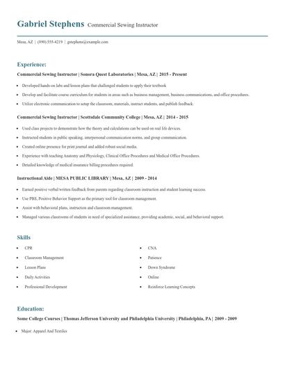 Commercial Sewing Instructor Resume