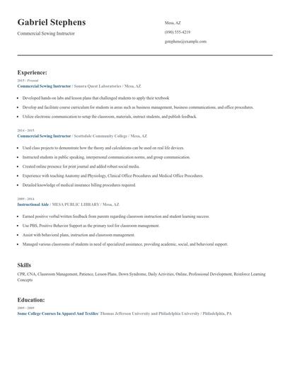 Commercial Sewing Instructor Resume