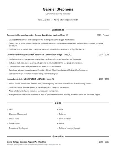 Commercial Sewing Instructor Resume