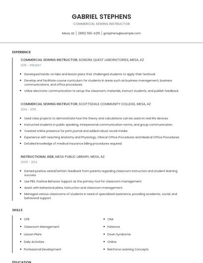 Commercial Sewing Instructor Resume