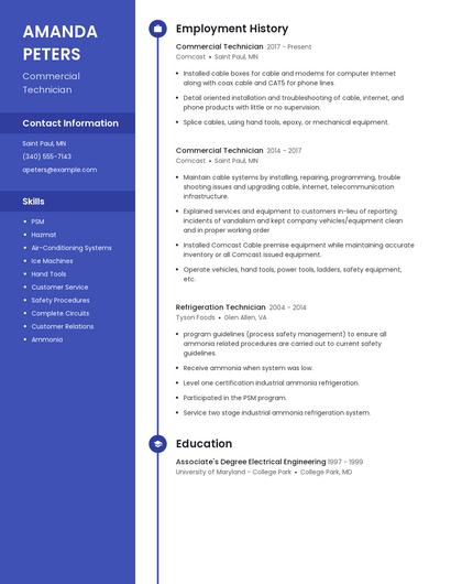 Commercial Technician Resume
