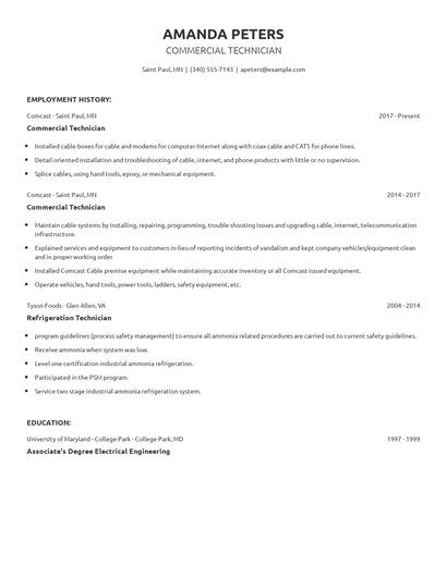 Commercial Technician Resume