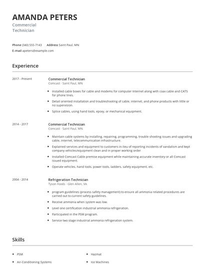 Commercial Technician Resume