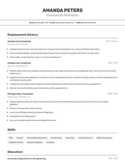 Commercial Technician Resume