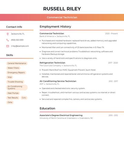 Commercial Technician Resume