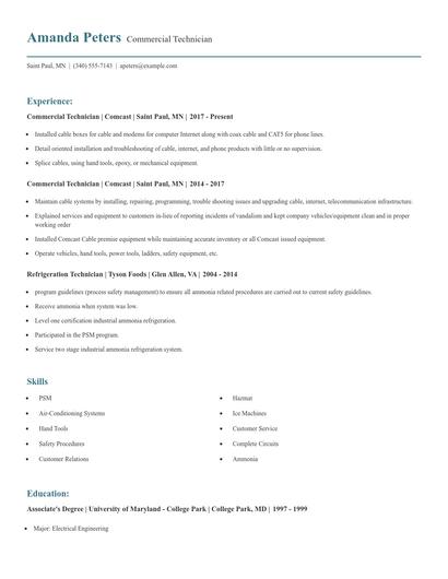 Commercial Technician Resume