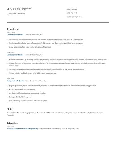 Commercial Technician Resume