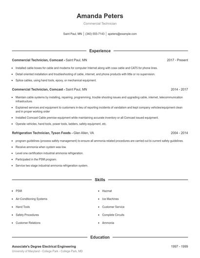 Commercial Technician Resume