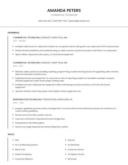 Commercial Technician Resume
