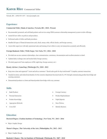Commercial Teller Resume