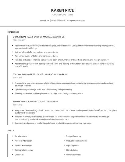 Commercial Teller Resume