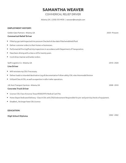 Commerical Relief Driver Resume