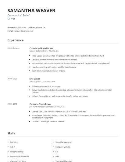 Commerical Relief Driver Resume