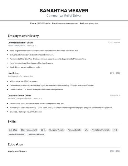 Commerical Relief Driver Resume