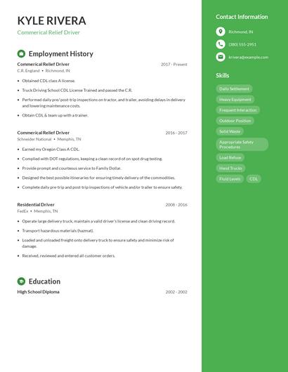 Commerical Relief Driver Resume