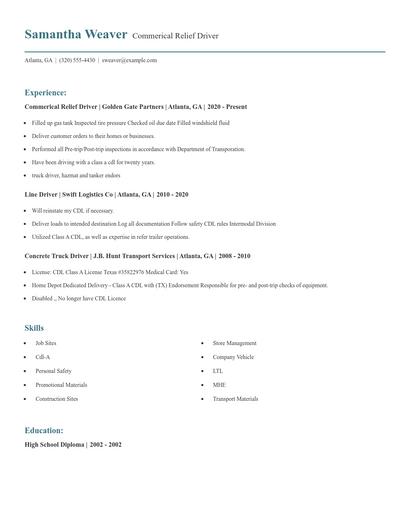 Commerical Relief Driver Resume