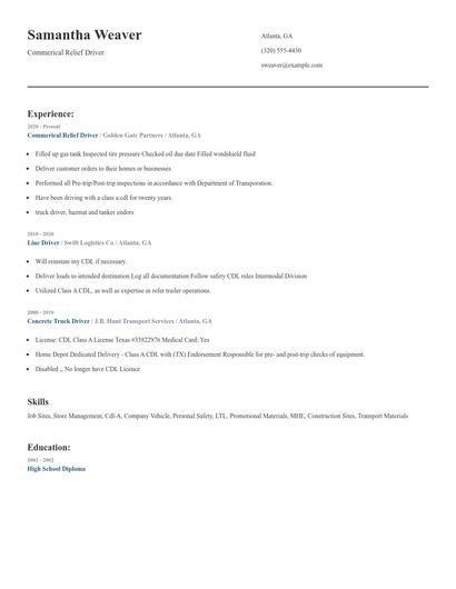 Commerical Relief Driver Resume