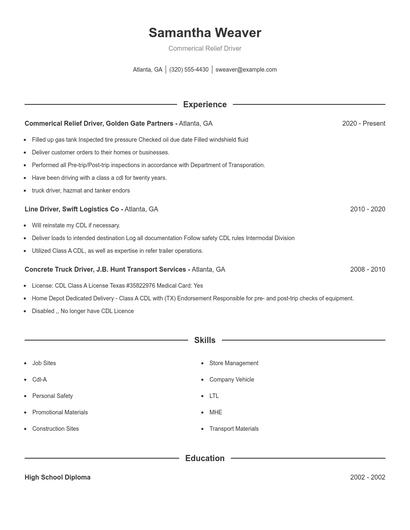 Commerical Relief Driver Resume