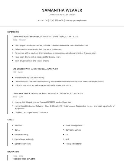 Commerical Relief Driver Resume