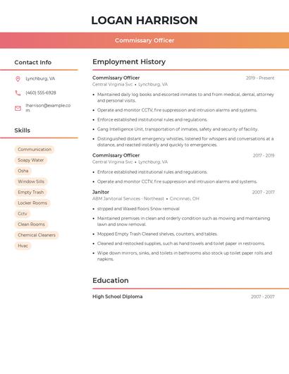 Commissary Officer Resume