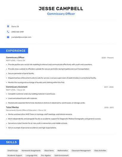Commissary Officer Resume