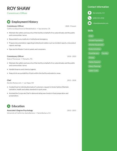 Commissary Officer Resume