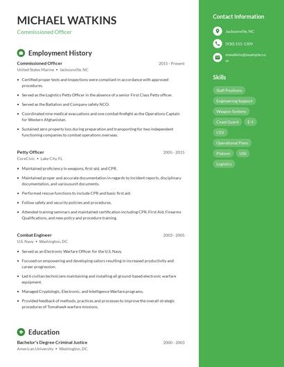 Commissioned Officer Resume