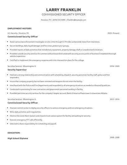 Commissioned Security Officer Resume