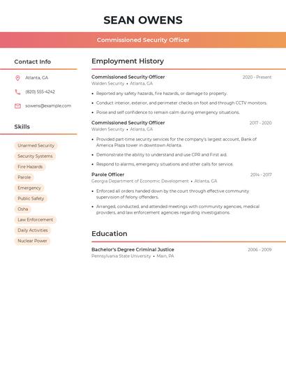 Commissioned Security Officer Resume