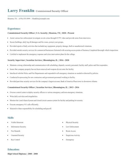 Commissioned Security Officer Resume