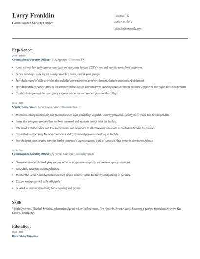 Commissioned Security Officer Resume