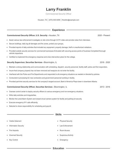Commissioned Security Officer Resume